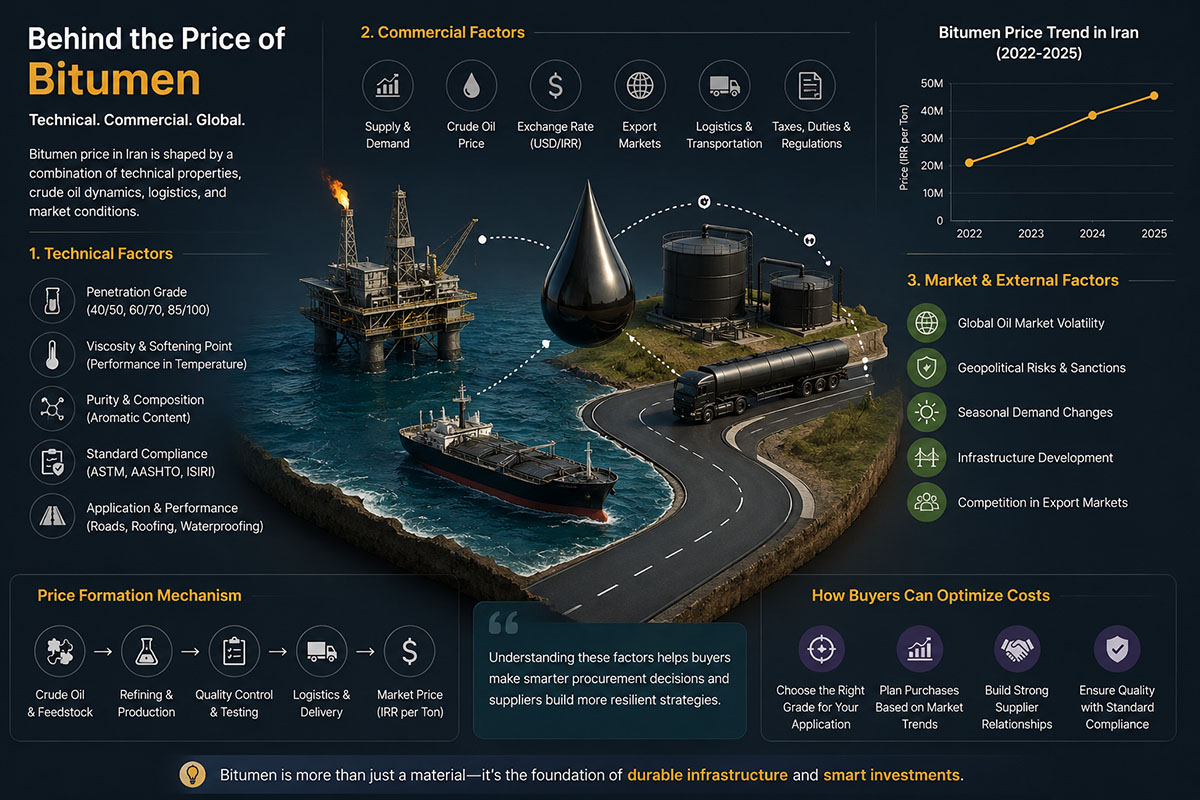 Infographic showing key factors affecting bitumen price in Iran including grade, packaging, quality control, delivery terms and quotation conditions